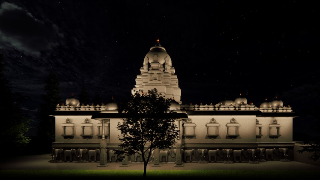 Adi Chunchungiri temple exterior at night with illuminated shikhara and domes