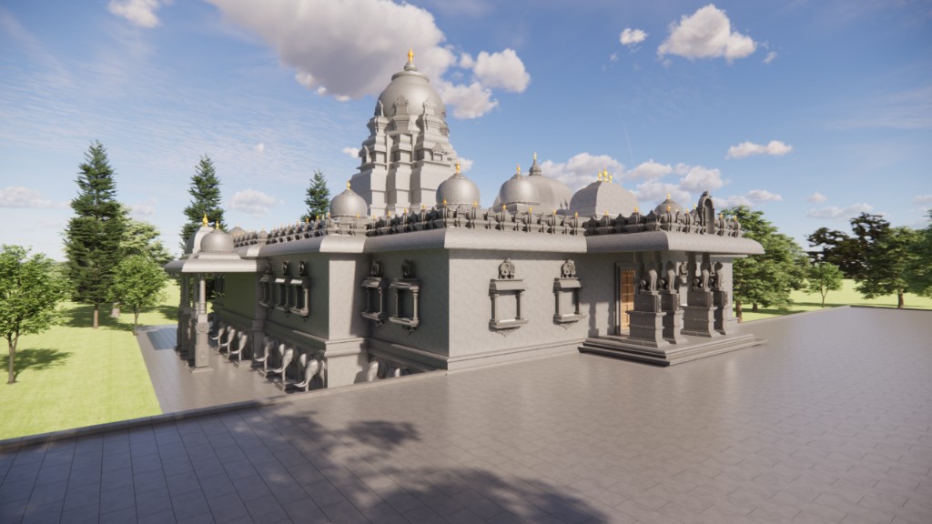 Adi Chunchungiri temple by day on tiled plaza with lawn and trees