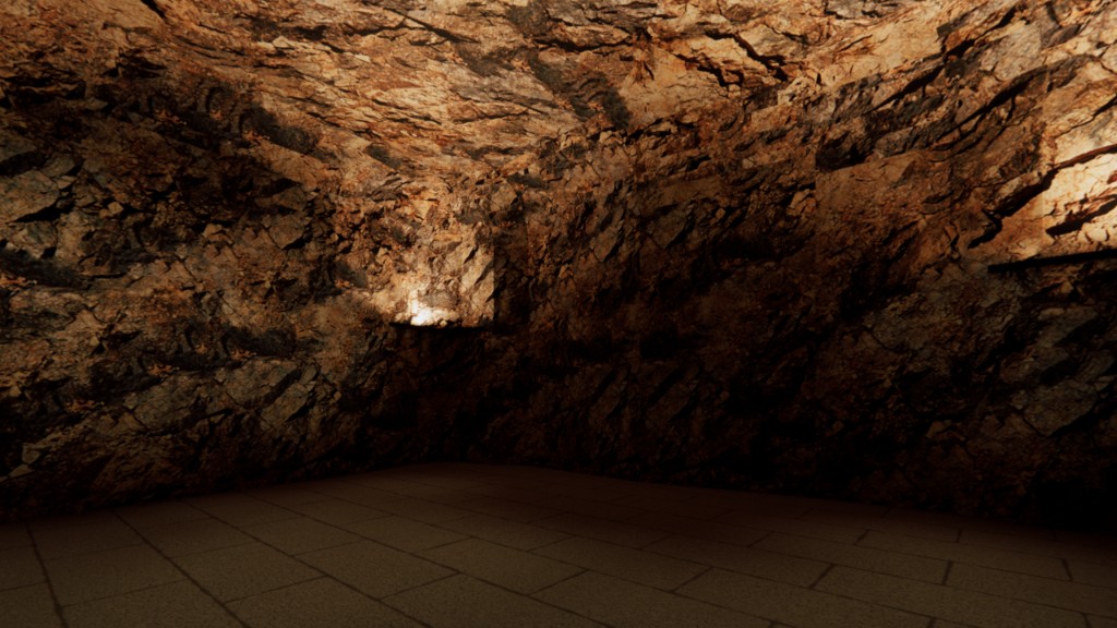 Rock-cut style interior corner with tiled floor and dramatic light