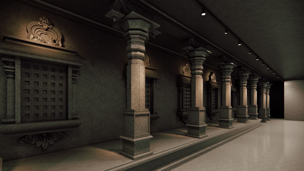 Granite mandapam corridor with jali windows and track lighting