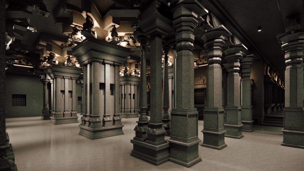 Pillared hall with yali sculptures and spotlighted stone carving