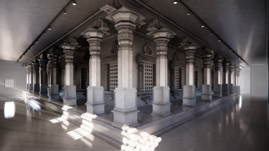 Colonnade with lattice windows, sun patterns and ceiling track lights