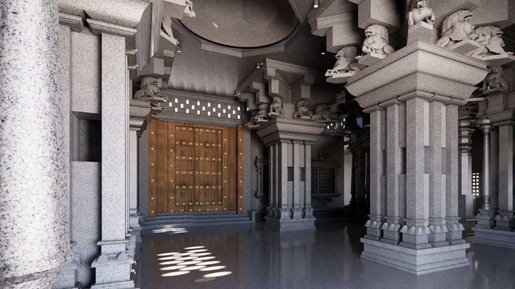 Mandapam toward studded wooden doors with jaali light on polished floor