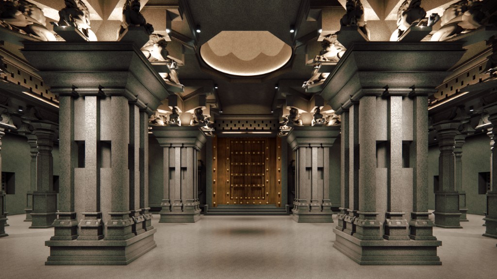 Symmetrical view of pillared hall leading to ornate temple doors