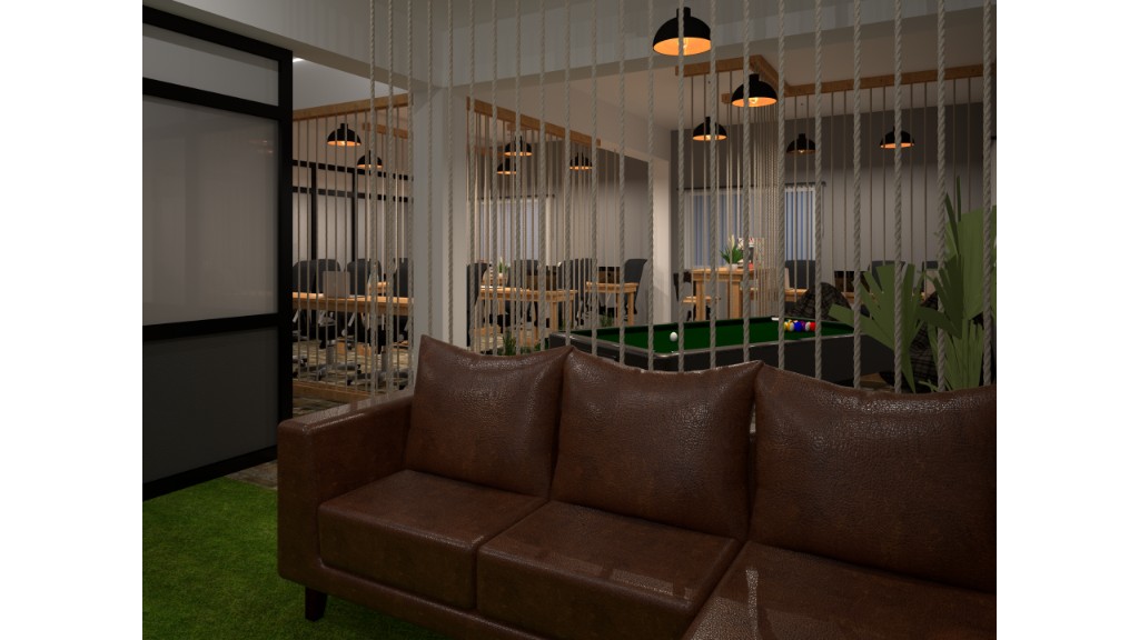 Dayone Bangalore lounge with pool table, leather sofa and warm pendant lighting