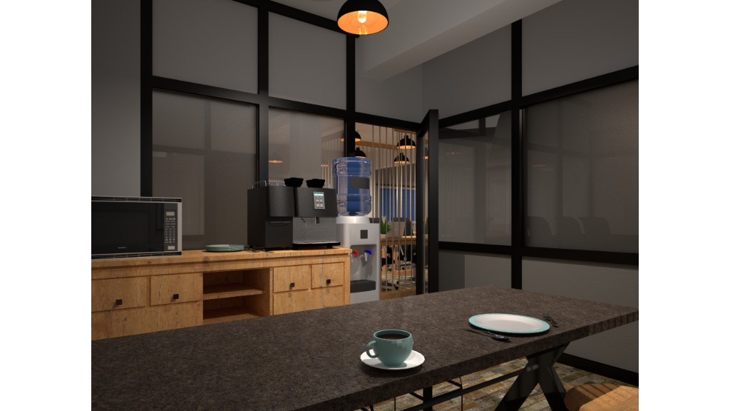 Dayone office kitchenette with wood cabinetry and espresso station