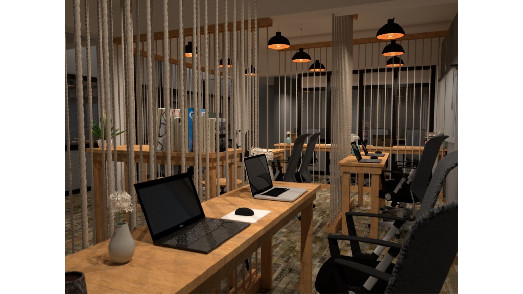 Dayone open workstations with rope dividers and industrial pendants