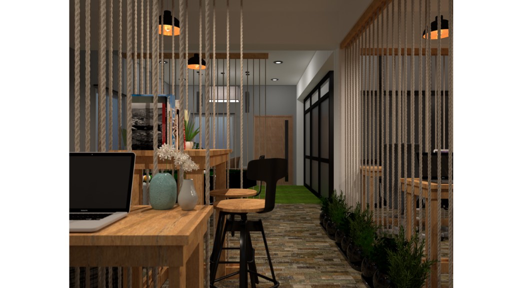 Dayone corridor with turf path, rope screens and glass partitions