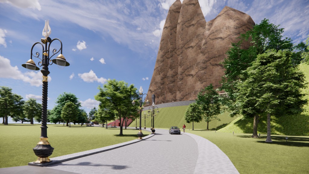 Kailashgiri daytime walk with trishul lampposts toward the mountain