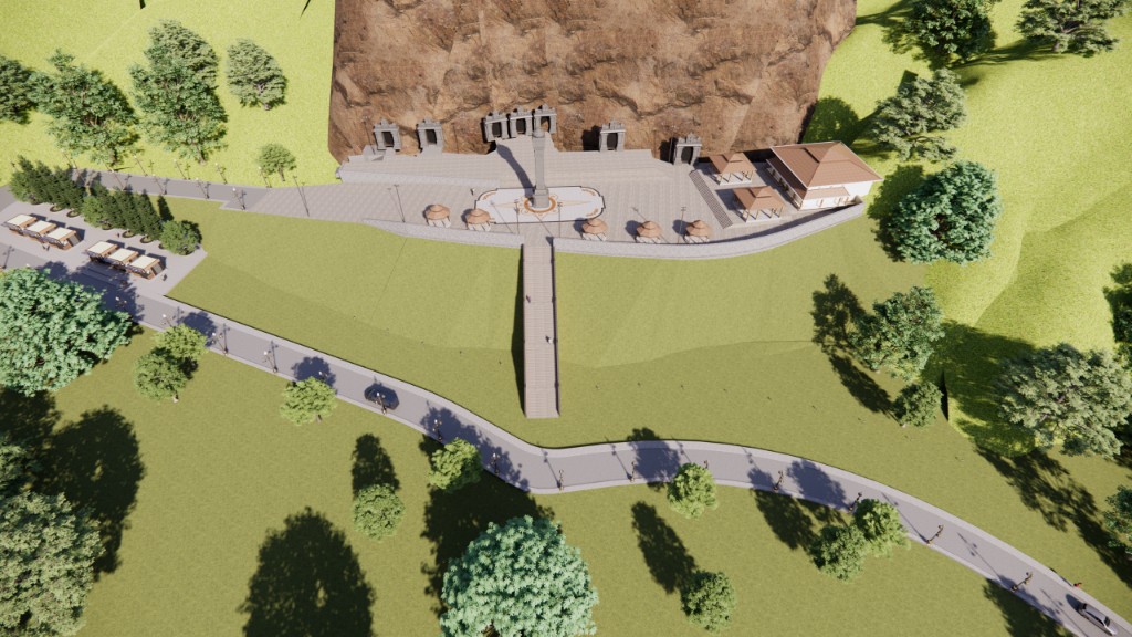 Kailashgiri aerial view of hillside complex, stairs and plaza