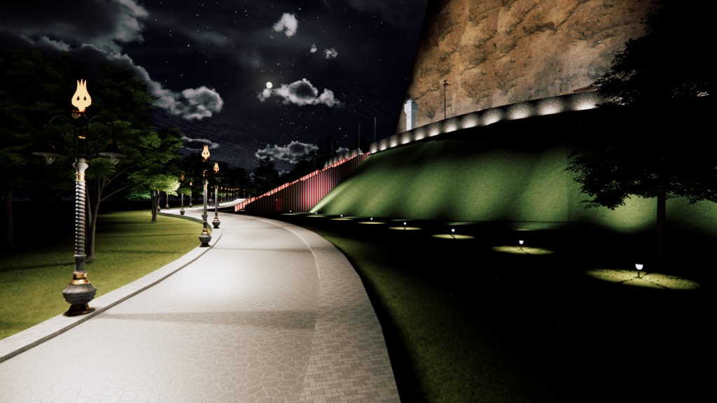 Kailashgiri night processional path with trident lampposts toward the cliff