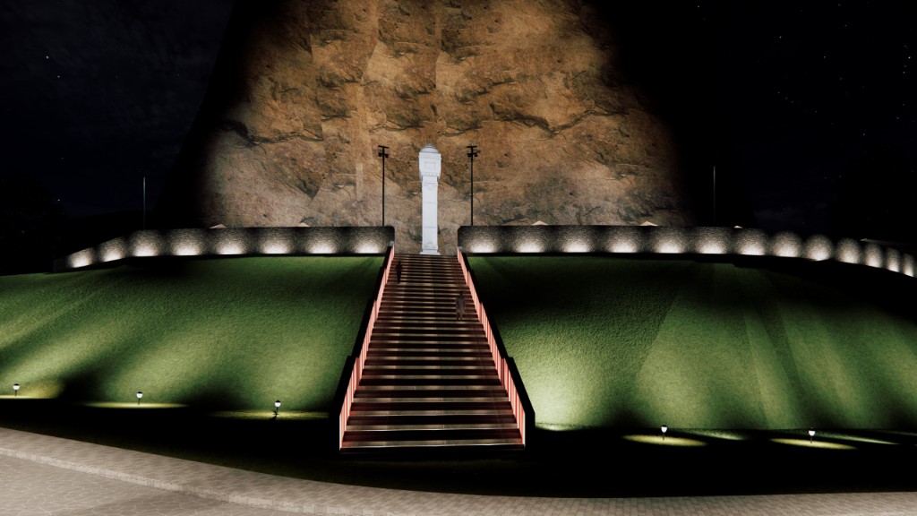 Kailashgiri grand stairs with lit railings and monument against rock