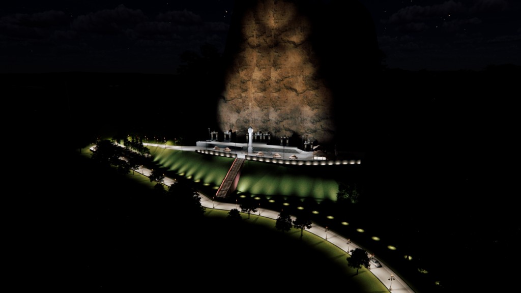 Kailashgiri aerial view of illuminated plaza and cliff at night