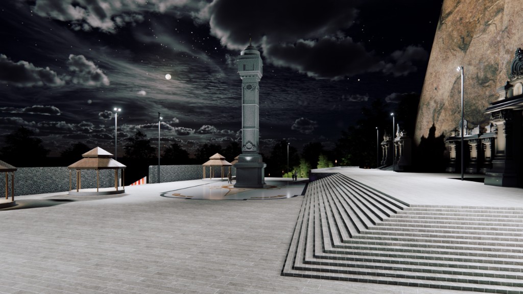 Kailashgiri temple plaza under moonlight with streetlamps