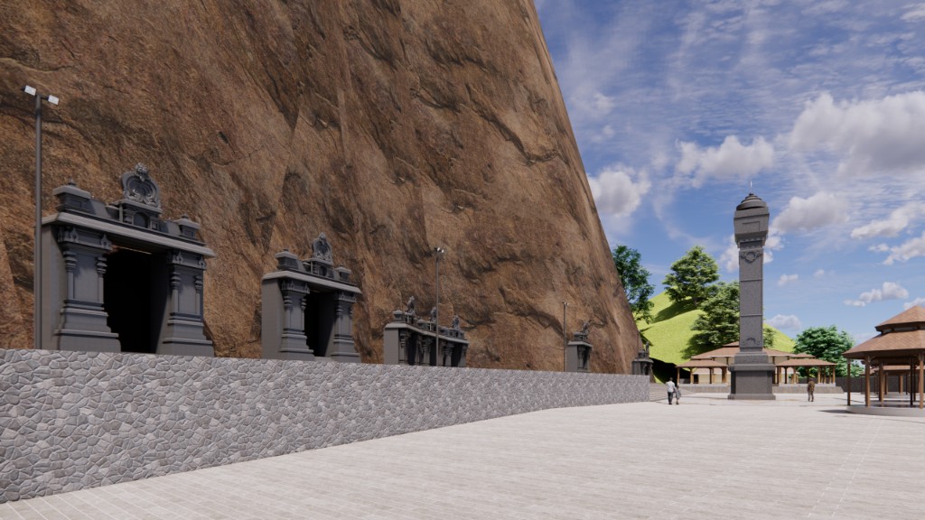 Kailashgiri rock-cut shrines and courtyard by day