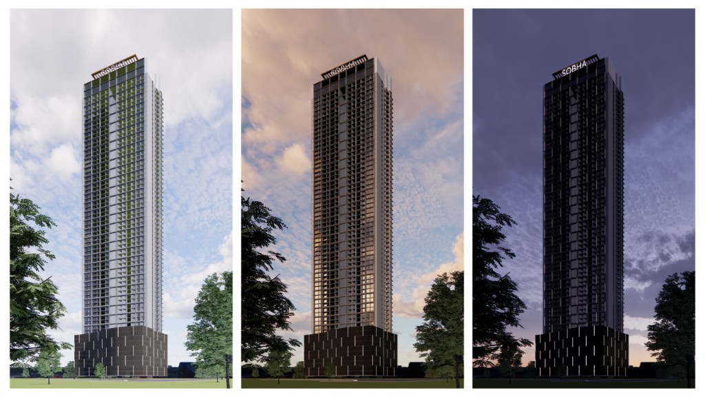Sobha Sewri Mumbai high-rise at daytime, sunset, and night