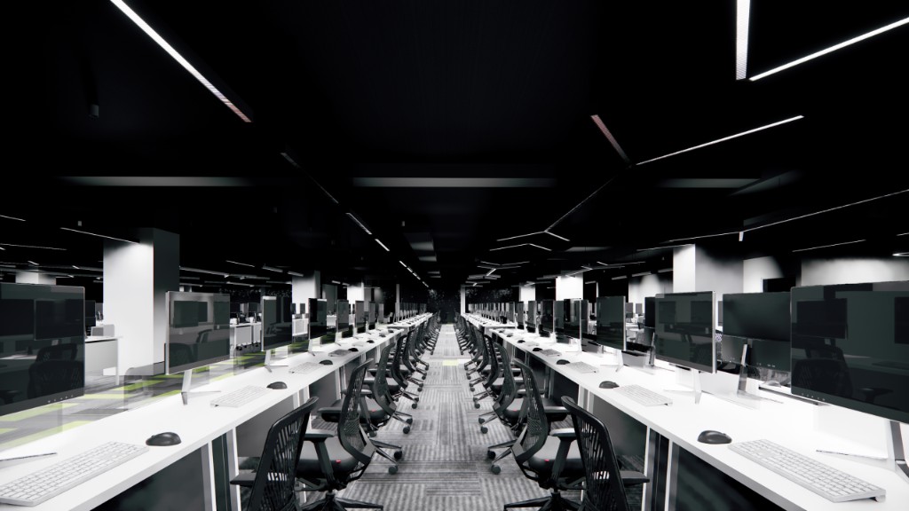 Subex open-plan workstations with geometric linear ceiling lighting
