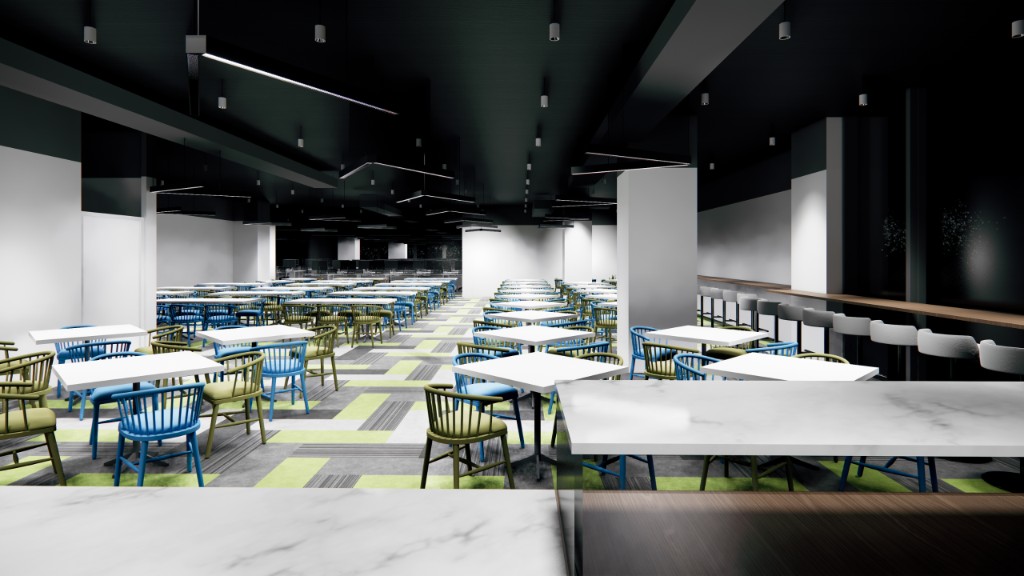 Subex corporate cafeteria with dining seating and accent lighting