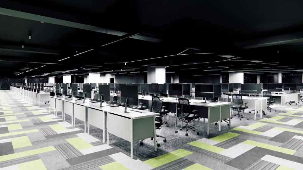 Subex large open office with zigzag LED ceiling and workstation rows