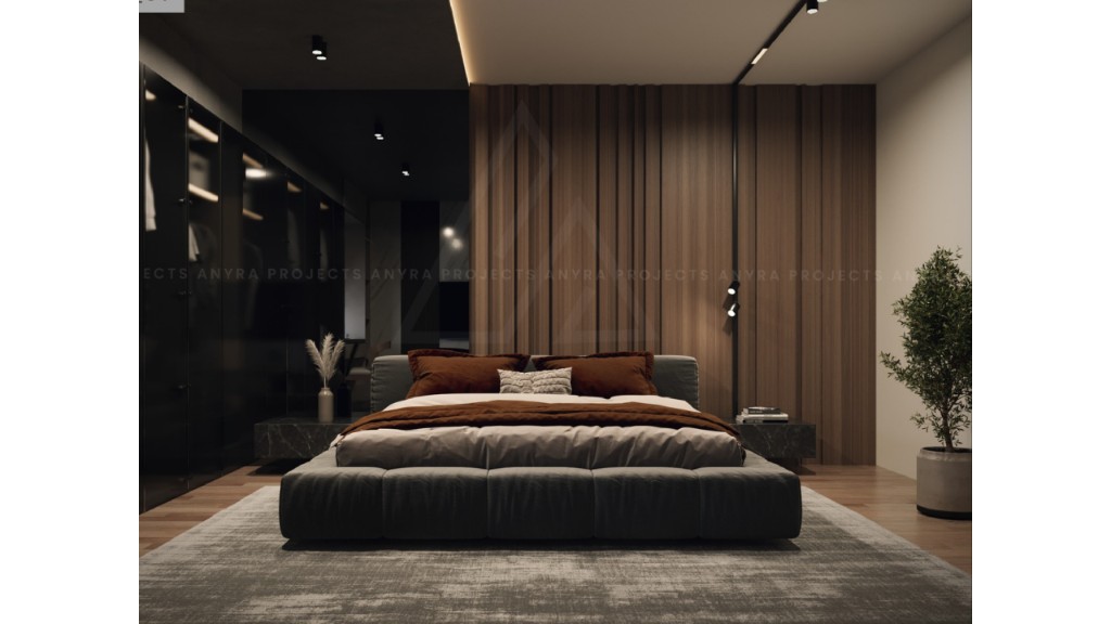 Surendra Residence master bedroom with wood feature wall and cove lighting