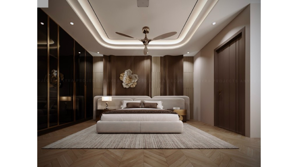 Surendra Residence bedroom with sculptural wall art and tray ceiling lighting
