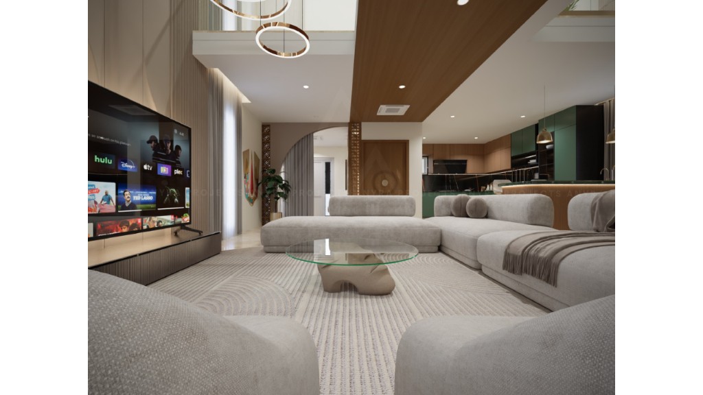 Surendra Residence open living and kitchen with layered pendant lighting