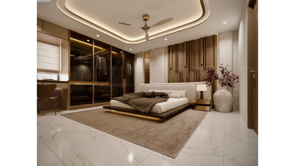 Surendra Residence bedroom with floating bed and integrated LED accents