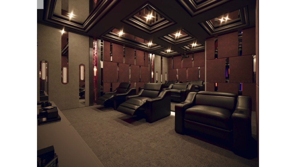 Surendra Residence private home theater with coffered ceiling lighting