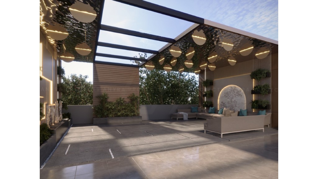 Surendra Residence outdoor terrace lounge with pergola and pendants
