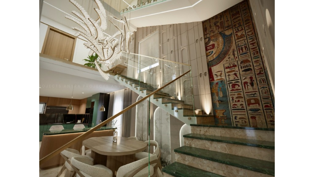 Surendra Residence dining and marble staircase with feature chandelier